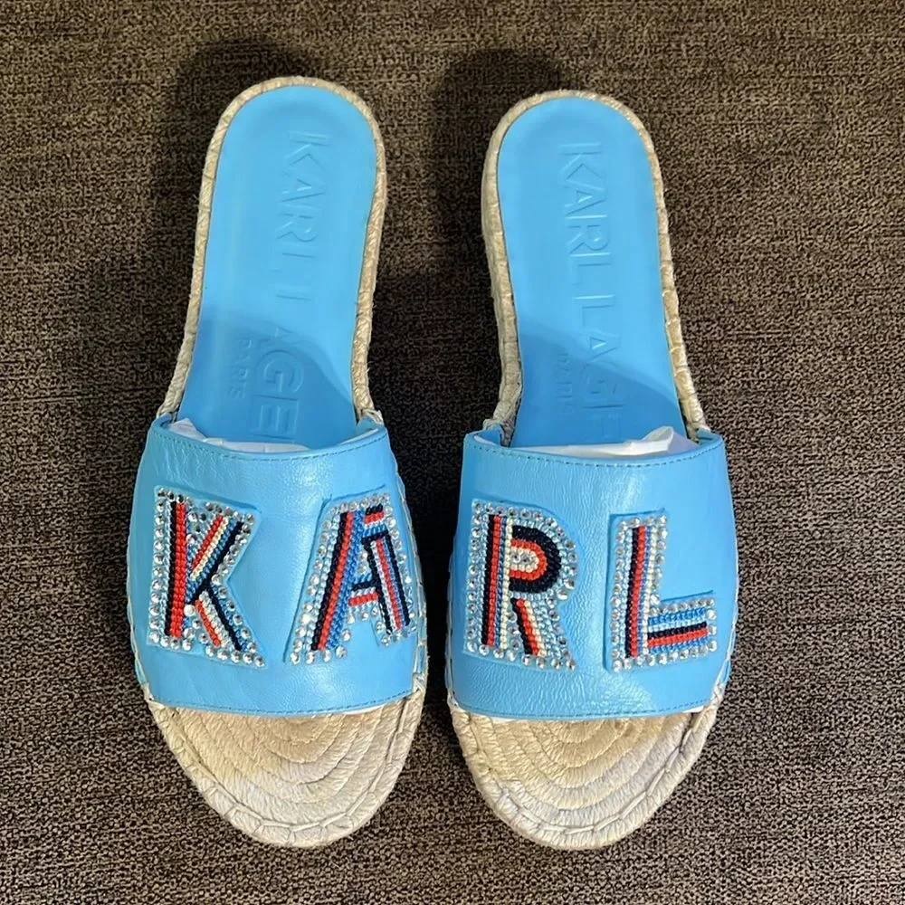 New Karl Lagerfeld Paris Caine Espadrille Slide Sandals Sz 36EU 6 US Baltic Blue
